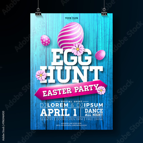 Vector Egg Hunt Easter Party Flyer Illustration with painted eggs, flowers and typography elements on vintage wood texture background. Spring holiday celebration poster design template.