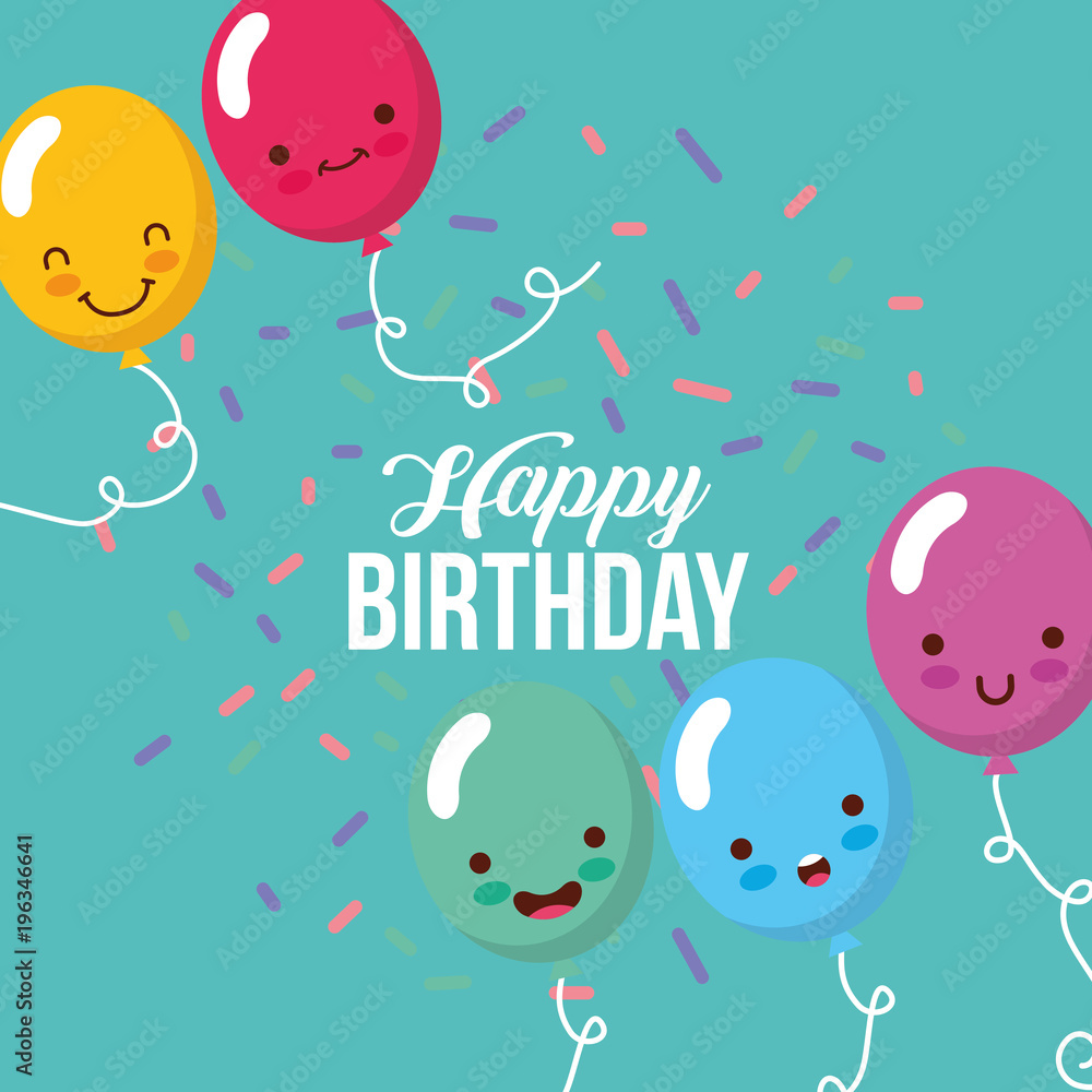 cute kawaii balloons cartoon confetti happy birthday card vector  illustration Stock Vector | Adobe Stock