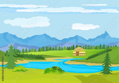 Kazakhstan countryside, farm, village, flowers, green hills and mountains, blue clouds, forest. Cartoon style, vector illustration