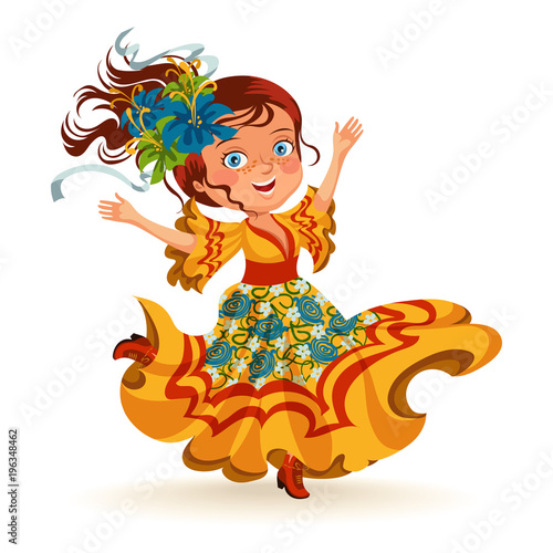 Young woman dancing salsa on festivals celebrated in Brazil Festa Junina, girl wear flower in head traditional fiesta dance, holiday party dancer, festive people carnaval vector illustration