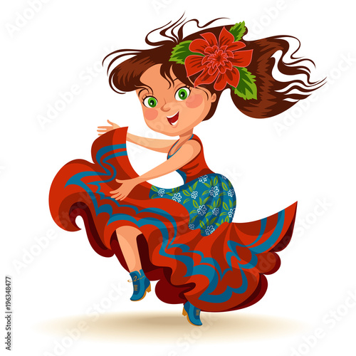 Young woman dancing salsa on festivals celebrated in Brazil Festa Junina, girl wear flower in head traditional fiesta dance, holiday party dancer, festive people carnaval vector illustration