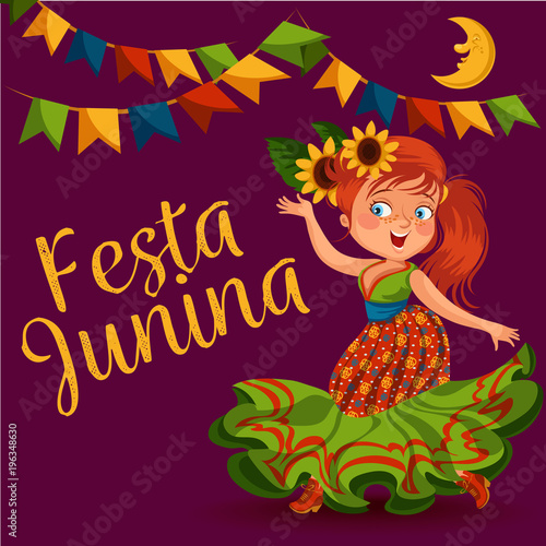 Young woman dancing salsa on festivals celebrated in Brazil Festa Junina, girl wear flower in head traditional fiesta dance, holiday party dancer, festive people carnaval vector illustration