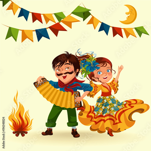 Young woman dancing salsa on festivals celebrated in Portugal Festa de Sao Joao, man play on sanfona near bonfire traditional fiesta dance, holiday party dancer, festive people carnaval vector