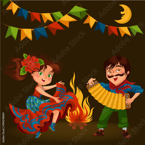 Young woman dancing salsa on festivals celebrated in Brazil Festa Junina, man play on sanfona near bonfire traditional fiesta dance, holiday party dancer, festive people carnaval vector illustration