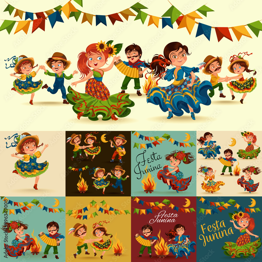 Fototapeta premium Young woman dancing salsa on festivals celebrated in Portugal Festa de Sao Joao, girl in straw hat traditional fiesta dance, holiday party dancer, festive people carnaval vector illustration