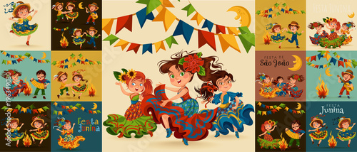 Young woman dancing salsa on festivals celebrated in Brazil Festa Junina, man play on sanfona near bonfire traditional fiesta dance, holiday party dancer, festive people carnaval vector illustration