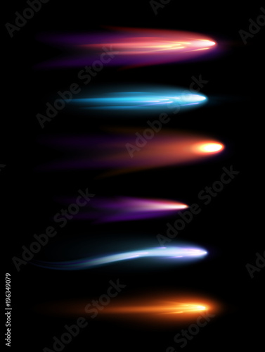 Vector illustration set of beautiful different shapes meteors, comets and fireballs with lighting effect in black galaxy space.