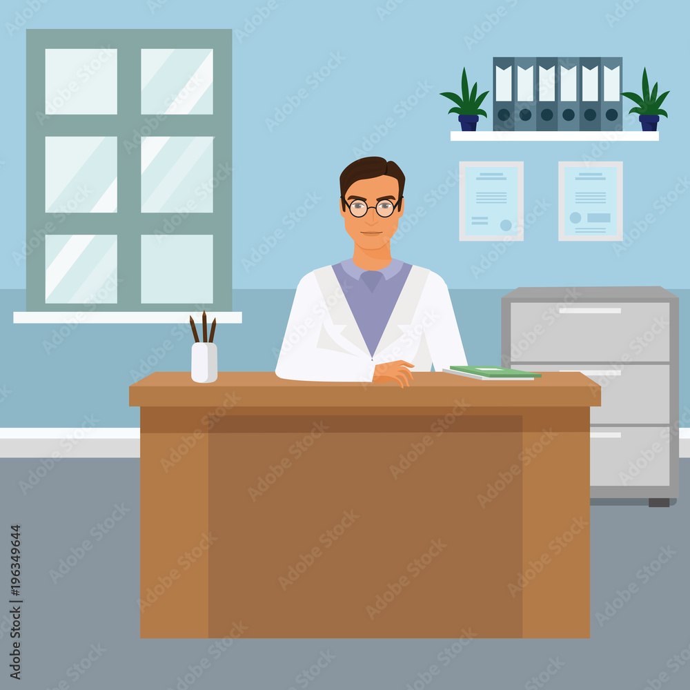 Vector illustration portrait of handsome young male doctor at his office sitting at the desk and smiling. Happy doctor in flat cartoon style. Vector illustration portrait of handsome young male doctor at his office sitting at the desk and smiling. Happy doctor in flat cartoon style.