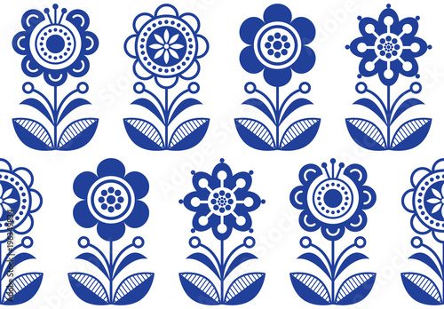 Folk art flowers, seamless vector floral pattern, Scandinavian navy blue repetitive design, Nordic ornament