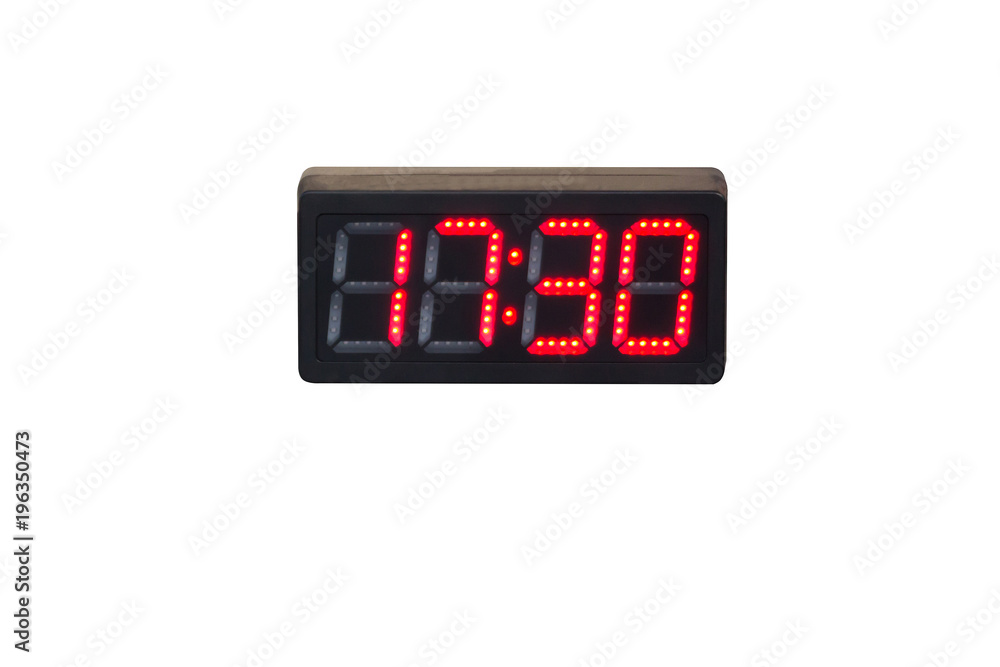 digital clock wall on white blackground, electrical LED clock wall isolate on white background, show time 17:30 PM digital clock wall on white blackground, electrical LED clock wall isolate on white background, show time 17:30 PM