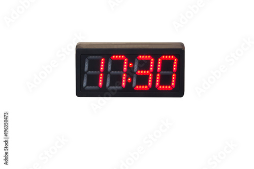 digital clock wall on white blackground, electrical LED clock wall isolate on white background, show time 17:30 PM