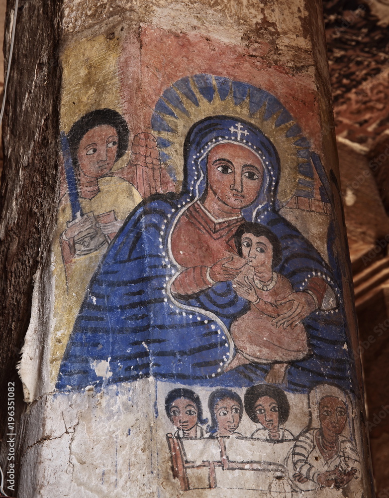 Obraz premium : iconographic scenes and wall murals of saints painted in naive african christian style in Abreha Atsbeha church 