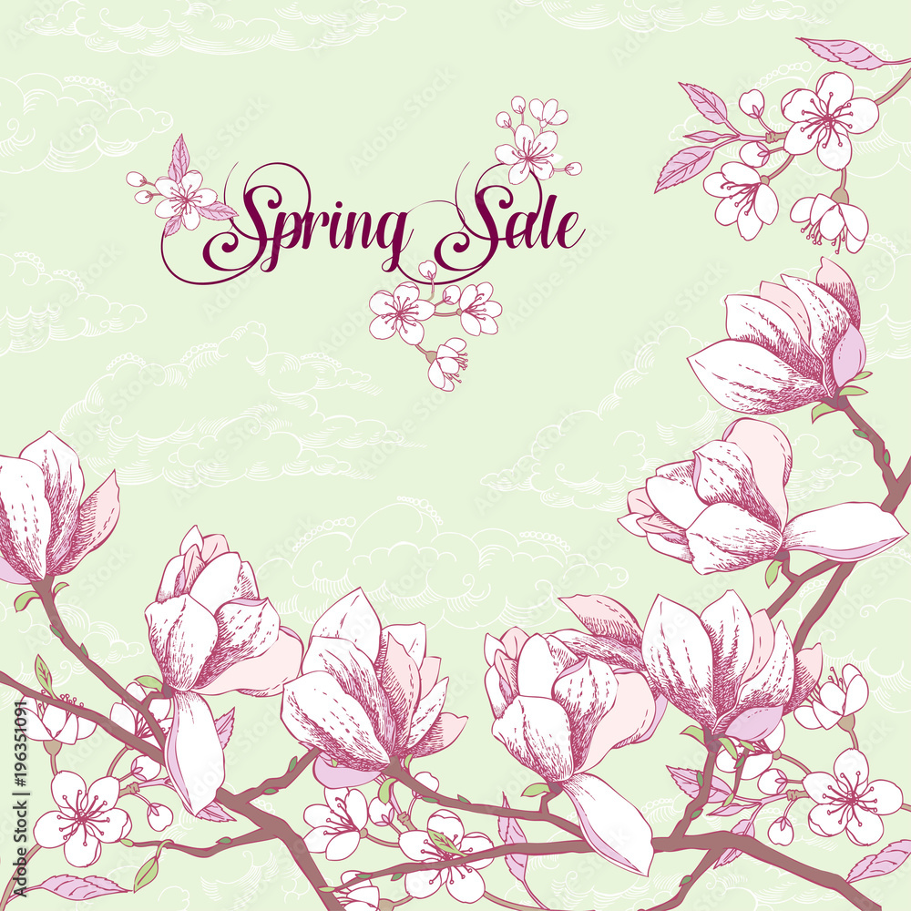 Background with magnolia and cherry blossom tree