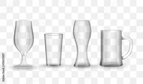 Set of photo-realistic transparent beer and water glasses, mugs and goblets. Vector illustration on checkerboard background.