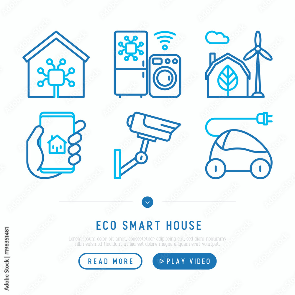 Eco smart house thin line icons set: solar battery, security, light settings, appliances, artificial intelligence, mobile app control, electro car. Energy saving vector illustration. Eco smart house thin line icons set: solar battery, security, light settings, appliances, artificial intelligence, mobile app control, electro car. Energy saving vector illustration.