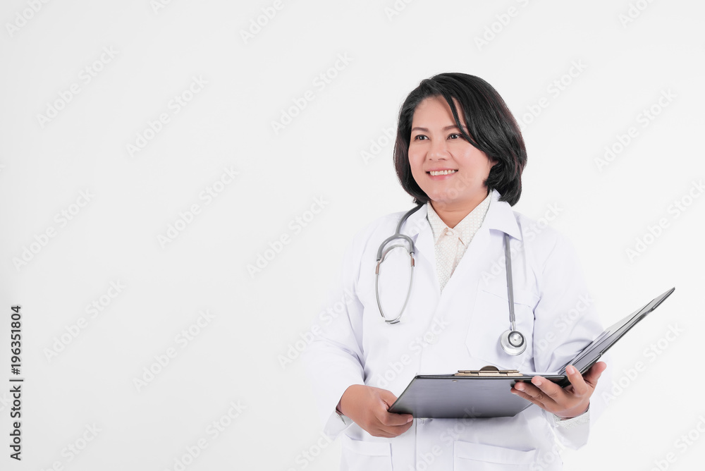Smiling woman doctor and check file of patient symptoms, Female doctors are happy to care for patients on white background. Health and medical concepts Smiling woman doctor and check file of patient symptoms, Female doctors are happy to care for patients on white background. Health and medical concepts