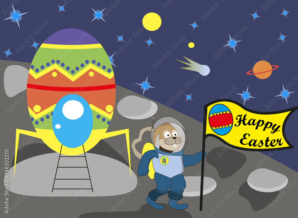 Fototapeta premium Easter bunny on the moon with the flag