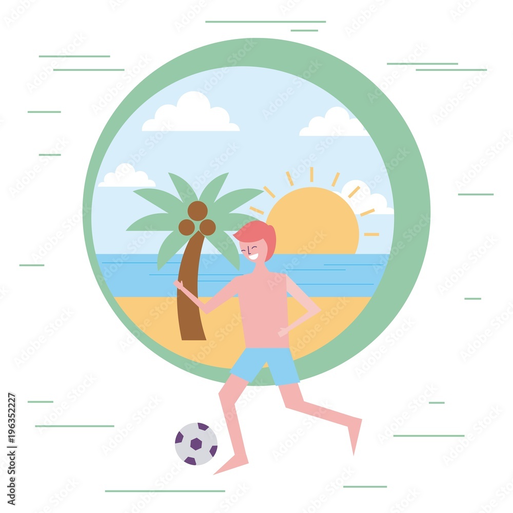 young man playing soccer ball in the beach vector illustration