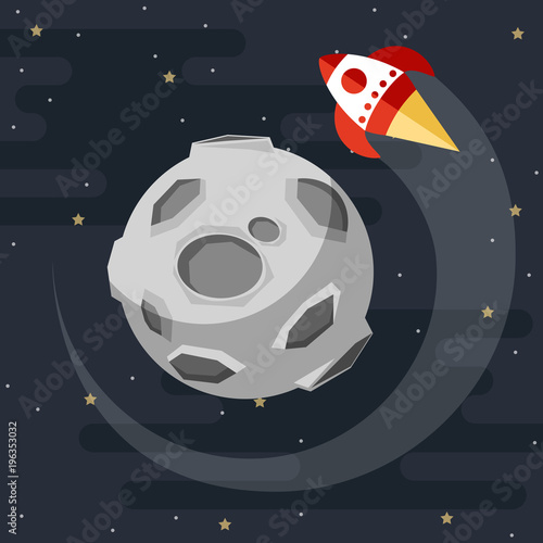 rocket is flying around the moon. vector cartoon illustration