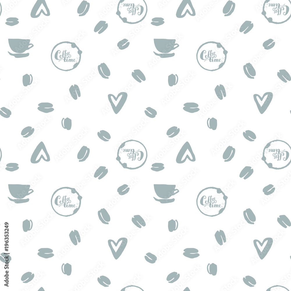 A vector pattern from hand-drawn coffee beans, hearts and prints with calligraphy coffee time of gray color on a white background.
