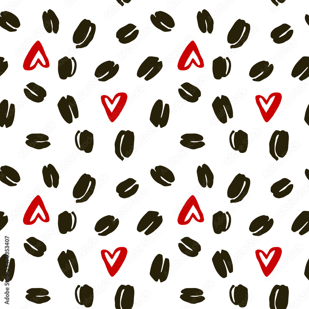 Seamless vector pattern of hand-drawn coffee beans and red hearts on a white background.