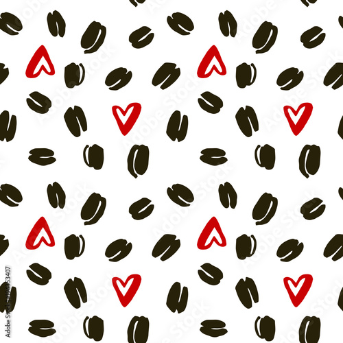 Seamless vector pattern of hand-drawn coffee beans and red hearts on a white background.