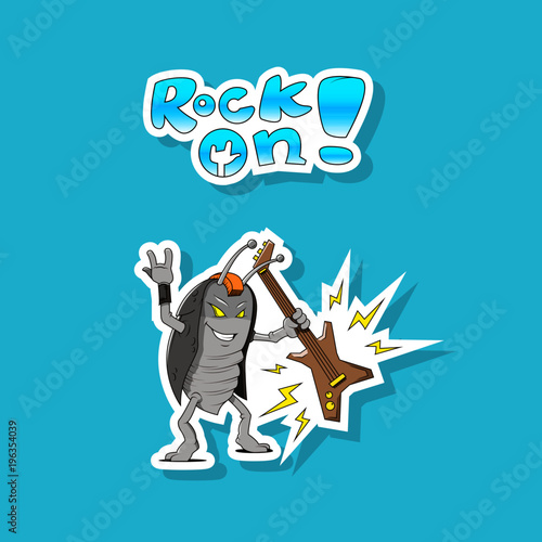 Colored cartoon sticker cockroach with guitar on a blue background