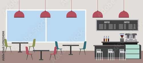coffee shop interior window chair table machine latte vector illustration