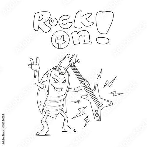 Black and white linear cartoon illustration of a beetle with a guitar