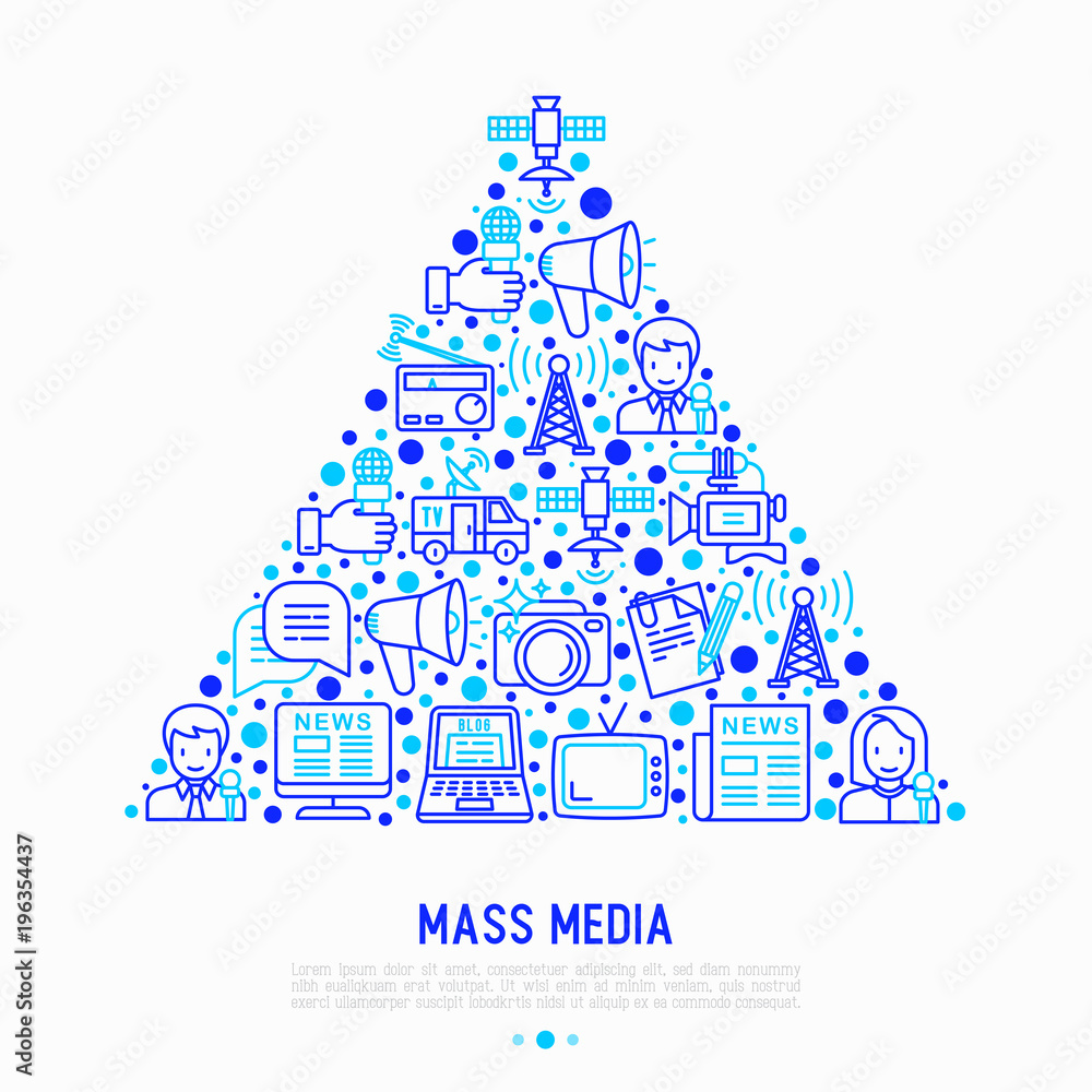 Mass media concept in triangle with thin line icons: journalist, newspaper, article, blog, report, radio, internet, interview, video, photo. Modern vector illustration for print media, web page. Mass media concept in triangle with thin line icons: journalist, newspaper, article, blog, report, radio, internet, interview, video, photo. Modern vector illustration for print media, web page.