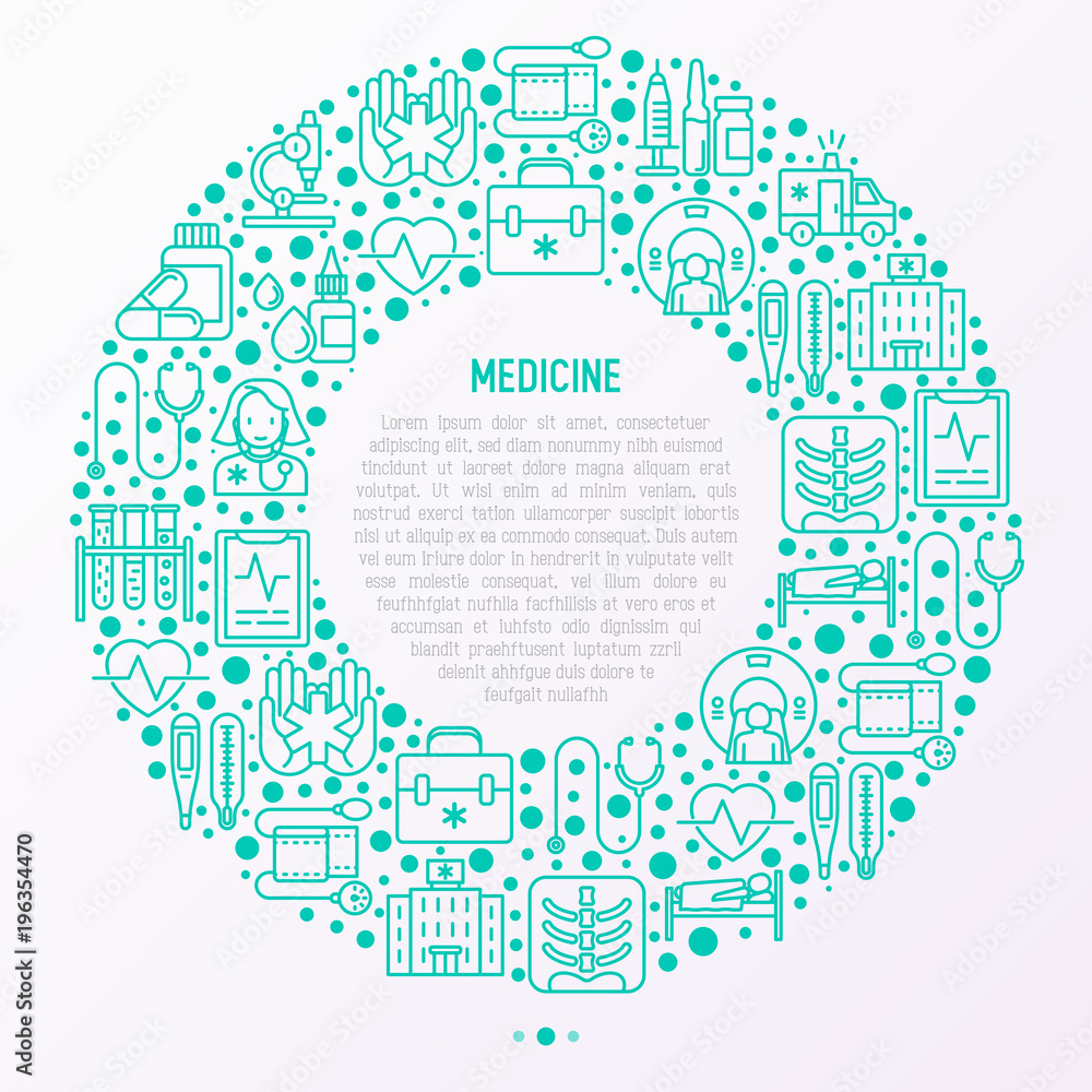 Medicine concept in circle with thin line icons: doctor, ambulance, stethoscope, microscope, thermometer, hospital, z-ray image, MRI scanner, tonometer. Vector illustration for medical survey, report.