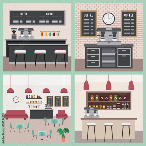 coffee shop interior space modern furnitures collection vector illustration