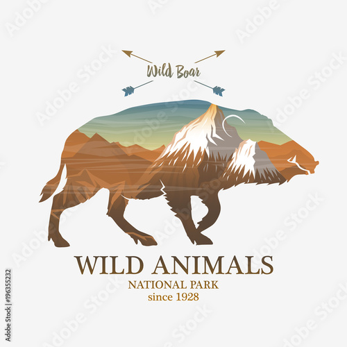 Mountains and boar, silhouette wild animal. Multiple or double exposure. Old label or badge. Journey, travel by nature. Badge or emblem, logo or label for your design.