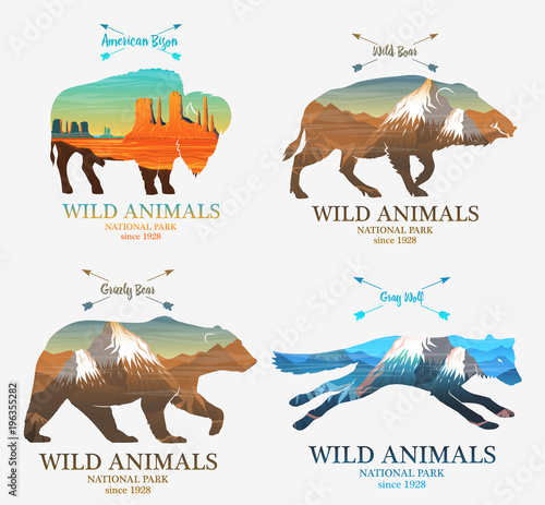 Mountains and boar, bear, fox, buffalo silhouette wild animal. Multiple or double exposure. Old label or badge. Journey, travel by nature. Badge or emblem, logo or label for your design.