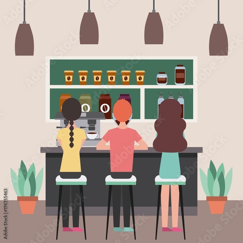 coffee shop interior people sitting in stools behind counter vector illustration