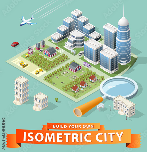 Set of Isolated High Quality Isometric City Elements on Green Background