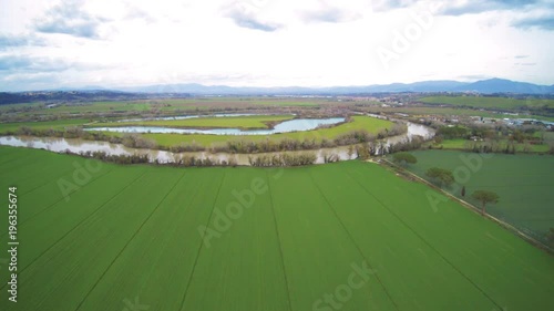 Aerial Panoramic view of the river Tevere in Italy, near Rome.