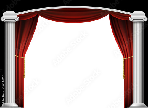 Red curtain and marble antique columns