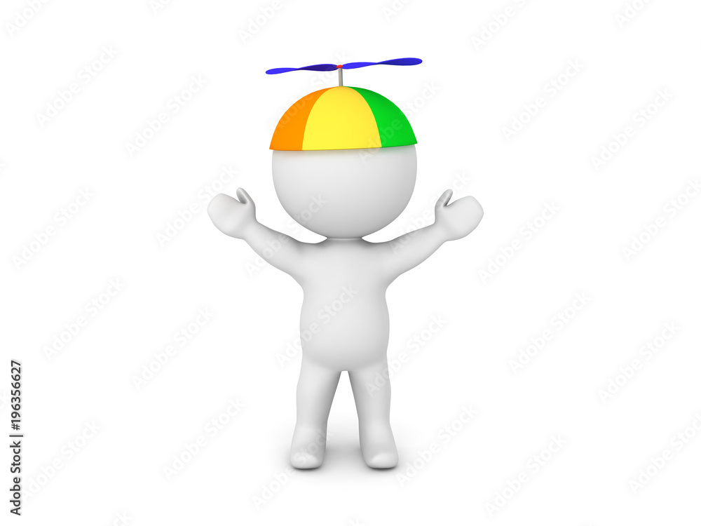 3D Character with arms raised wearing colorful propeller beanie hat 3D Character with arms raised wearing colorful propeller beanie hat