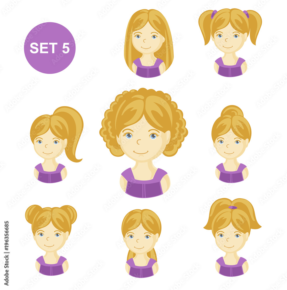 Cute blonde little girls with various hair style. Set of children's faces. Vector illustration. Cute blonde little girls with various hair style. Set of children's faces. Vector illustration.