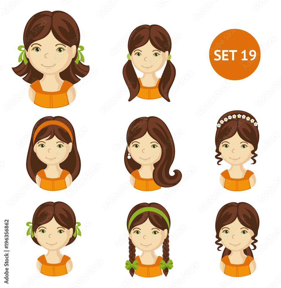 Cute brunet little girls with various hair style. Set of children's faces. Vector illustration. Cute brunet little girls with various hair style. Set of children's faces. Vector illustration.