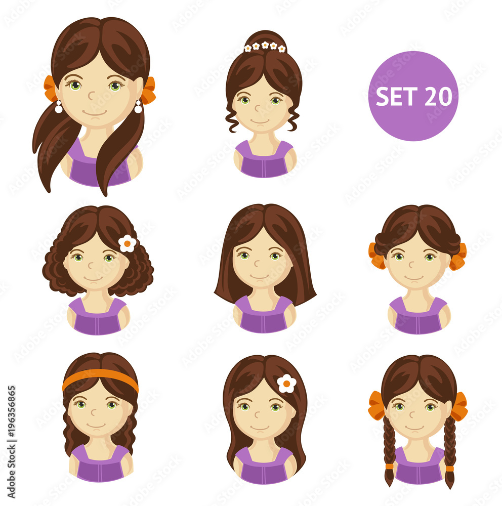 Cute brunet little girls with various hair style. Set of children's faces. Vector illustration. Cute brunet little girls with various hair style. Set of children's faces. Vector illustration.