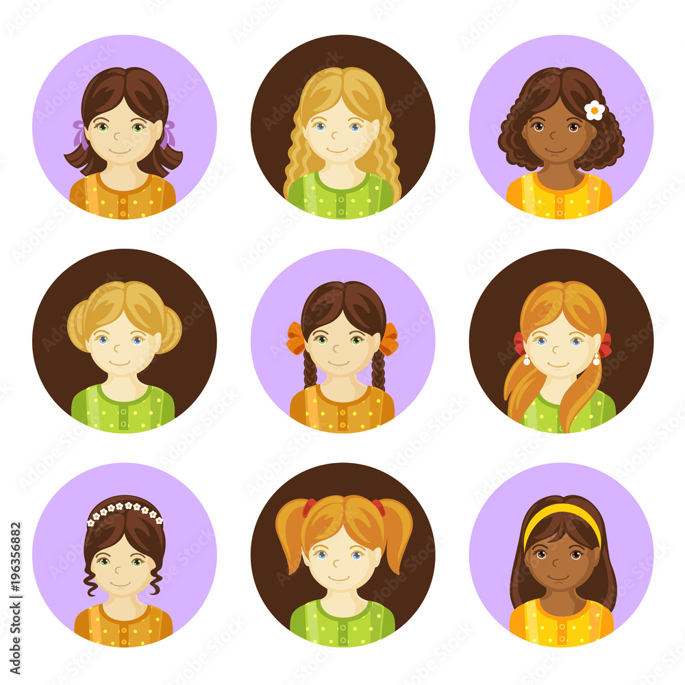 Cute little girls with various hair style. Set of children's faces. Round avatars. Vector illustration. Cute little girls with various hair style. Set of children's faces. Round avatars. Vector illustration.