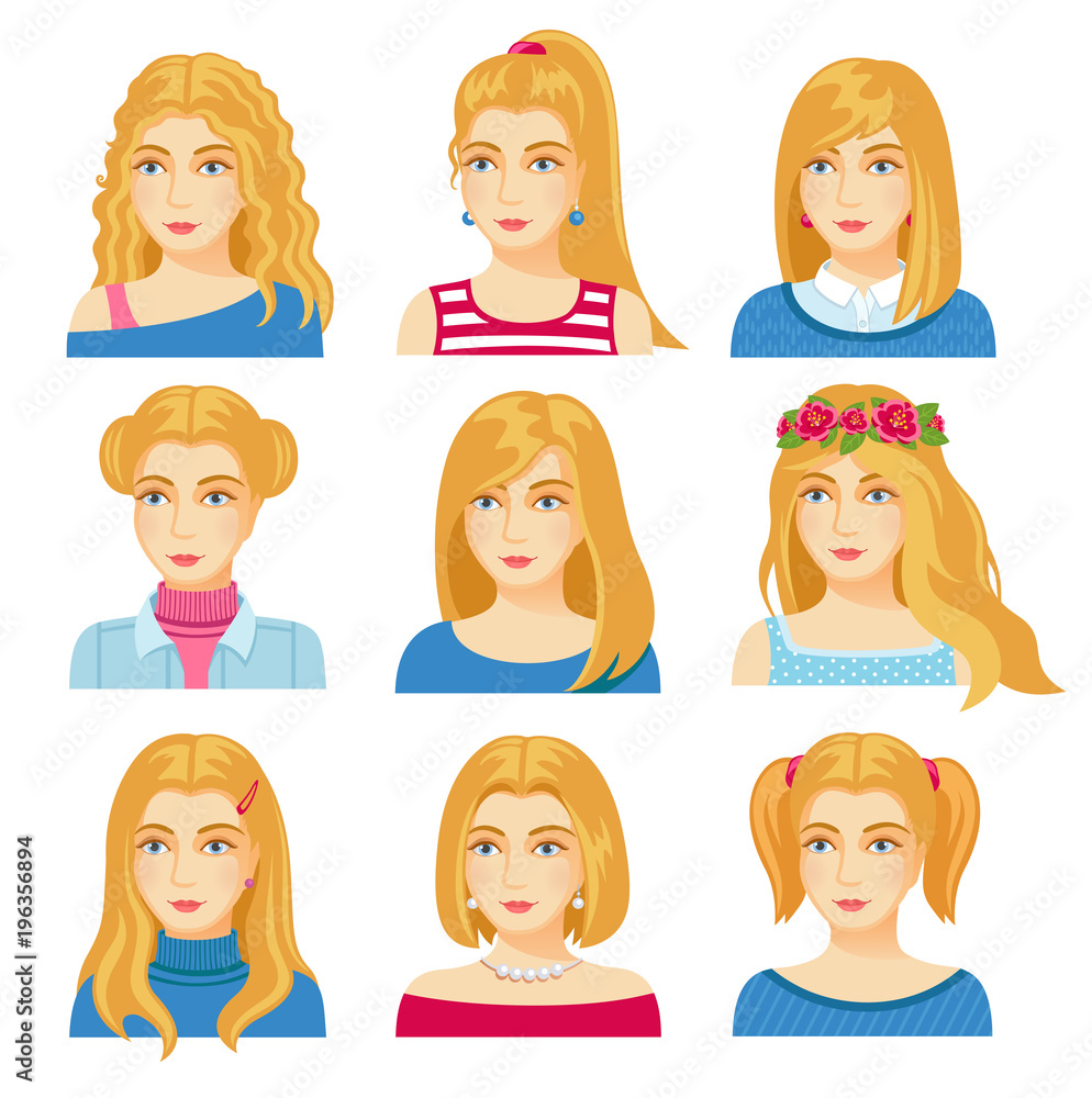 Set of woman faces with various hairstyle. Collection of young girls portraits. Different avatars of blonde girls. Vector illustration. Set of woman faces with various hairstyle. Collection of young girls portraits. Different avatars of blonde girls. Vector illustration.