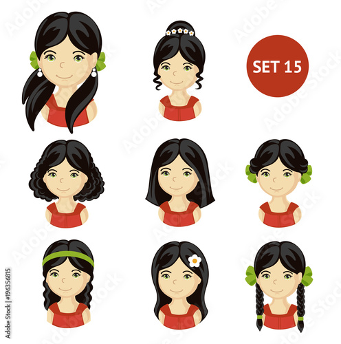 Cute little girls with black hair and various hair style. Set of children's faces. Vector illustration.
