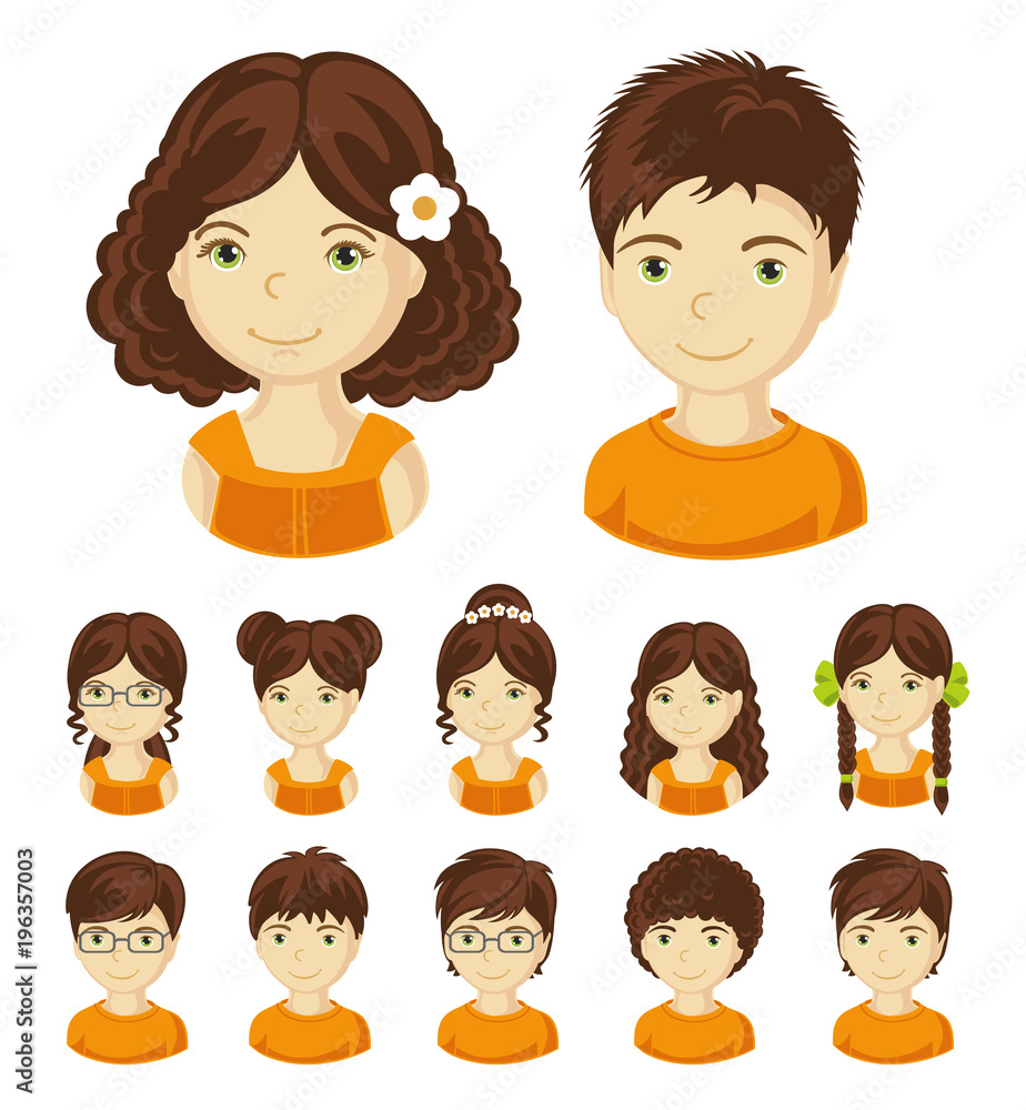Children face set. Vector illustration set of different avatars of brunet boys and girls on a white background. Collection of portraits kids. Children face set. Vector illustration set of different avatars of brunet boys and girls on a white background. Collection of portraits kids.