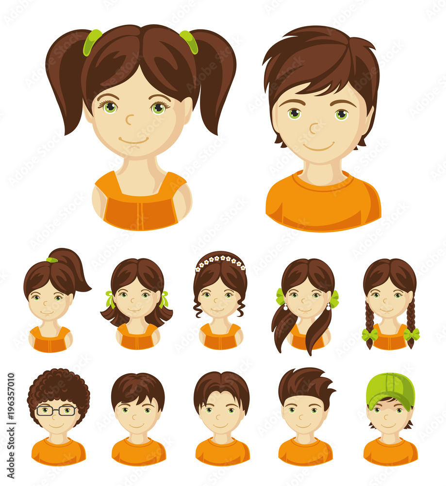 Children face set. Vector illustration set of different avatars of brunet boys and girls on a white background. Collection of portraits kids. Vector illustration. Children face set. Vector illustration set of different avatars of brunet boys and girls on a white background. Collection of portraits kids. Vector illustration.