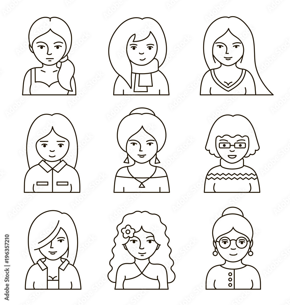 Set of people stylish avatars for profile page. Collection of women's faces. Simple linear style. Vector illustration. Set of people stylish avatars for profile page. Collection of women's faces. Simple linear style. Vector illustration.