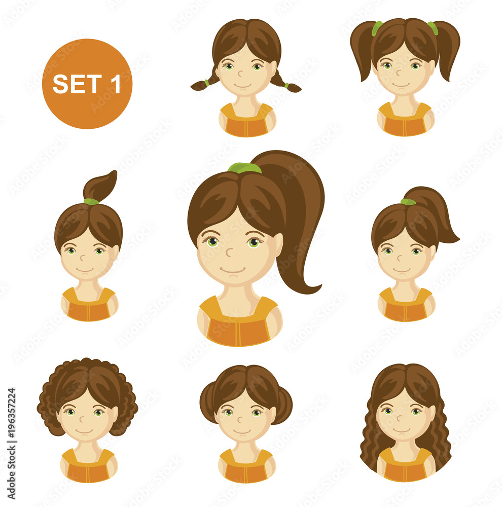 Cute brunet little girls with various hair style. Set of children's faces.  Vector illustration. Stock Vector | Adobe Stock