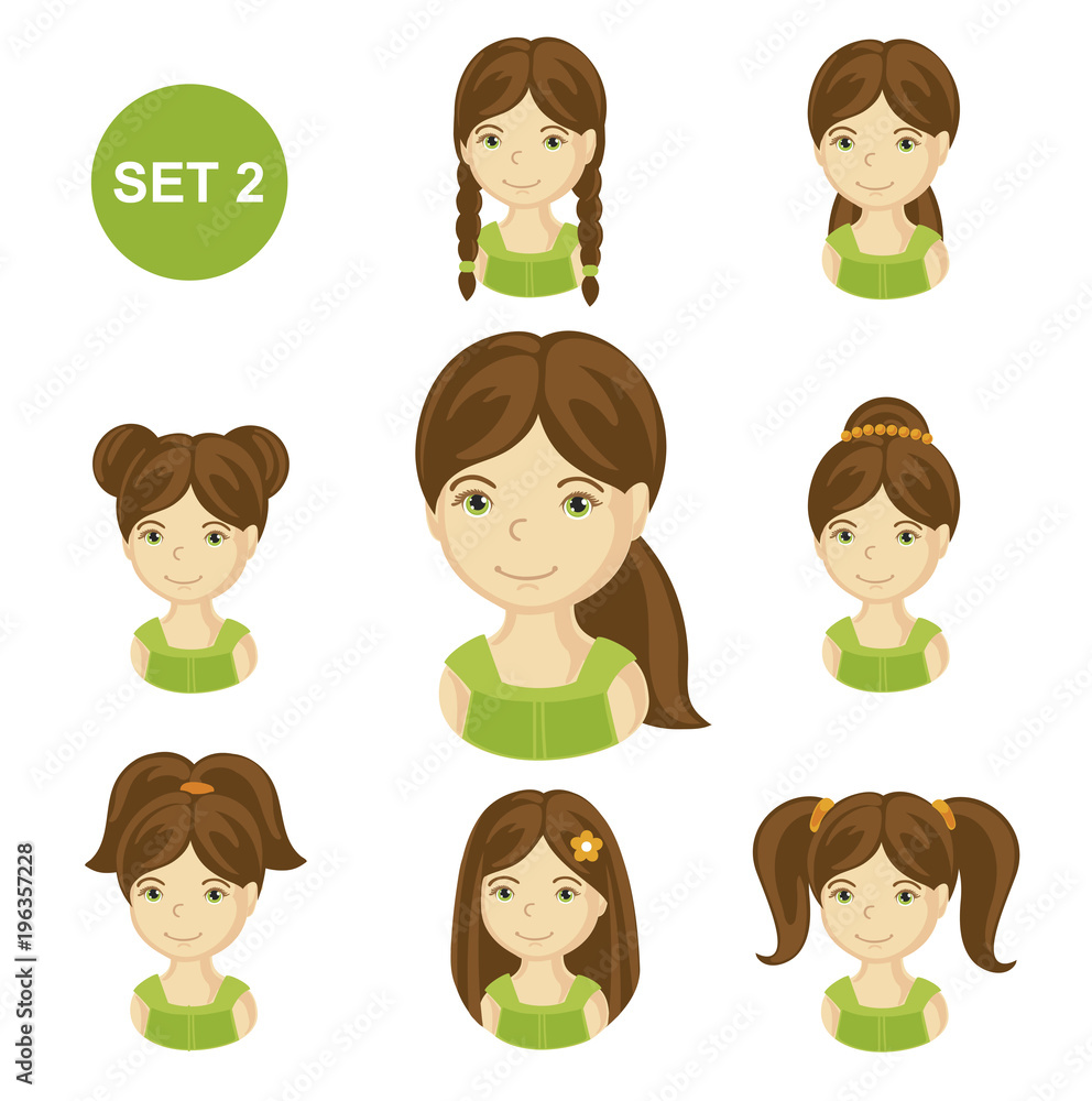 Cute brunet little girls with various hair style. Set of children's faces. Vector illustration. Cute brunet little girls with various hair style. Set of children's faces. Vector illustration.